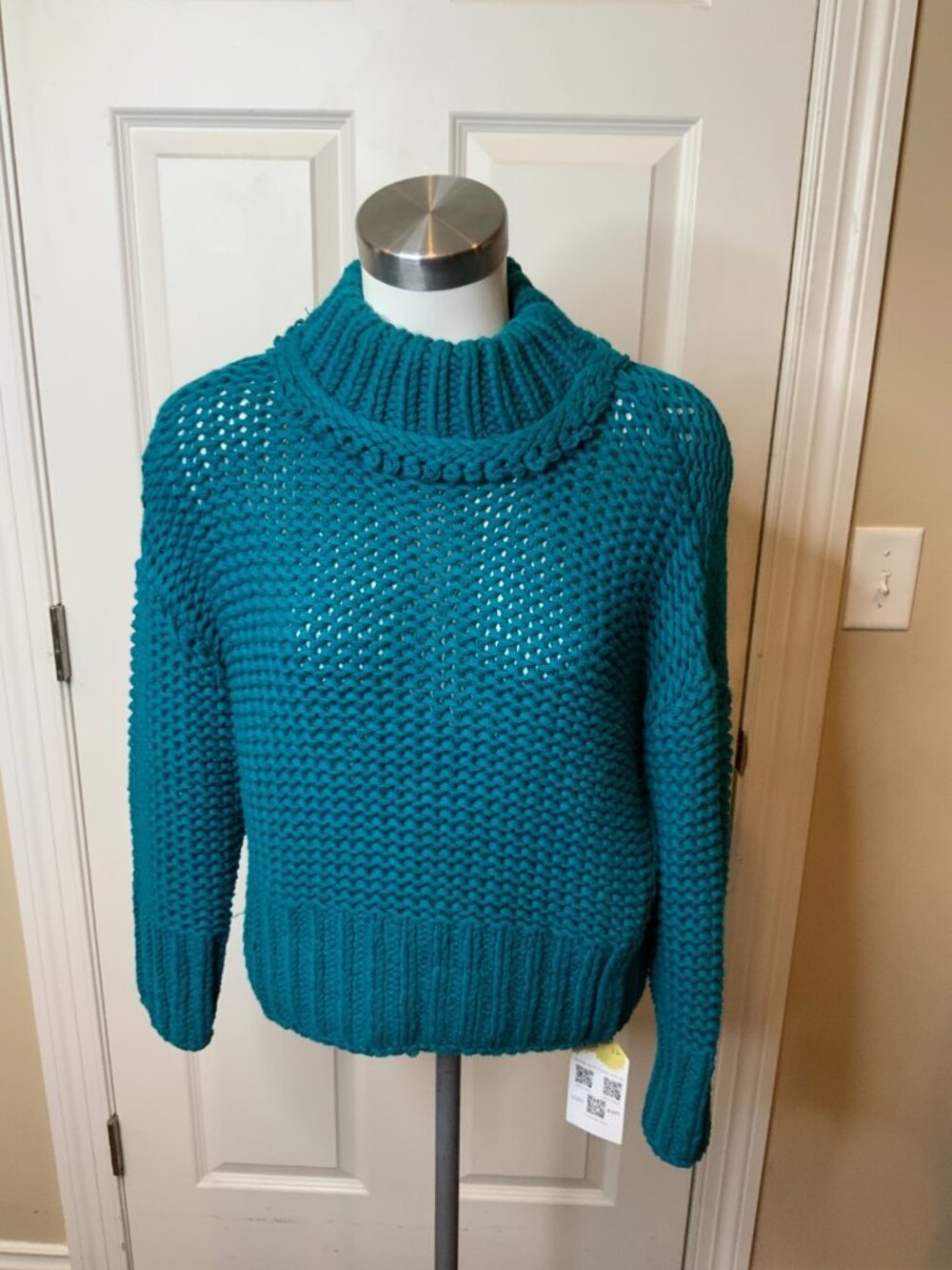 Free People My Only Sunshine Teal Blue Chunky Knit Mock Neck Sweater, Size XS - Picture 2 of 7